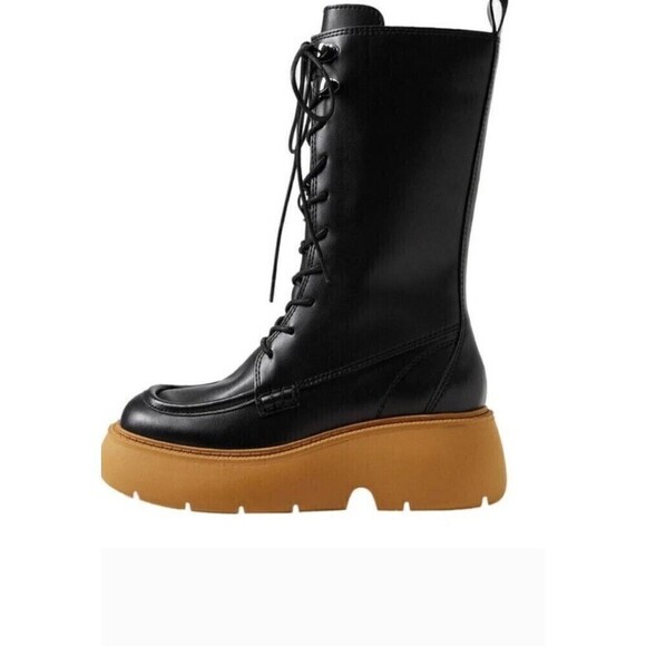 Mango Charles Boots MNG Size 9.5 US EUR 41 Lace-up Leather Black Tall Chunky - Picture 3 of 10